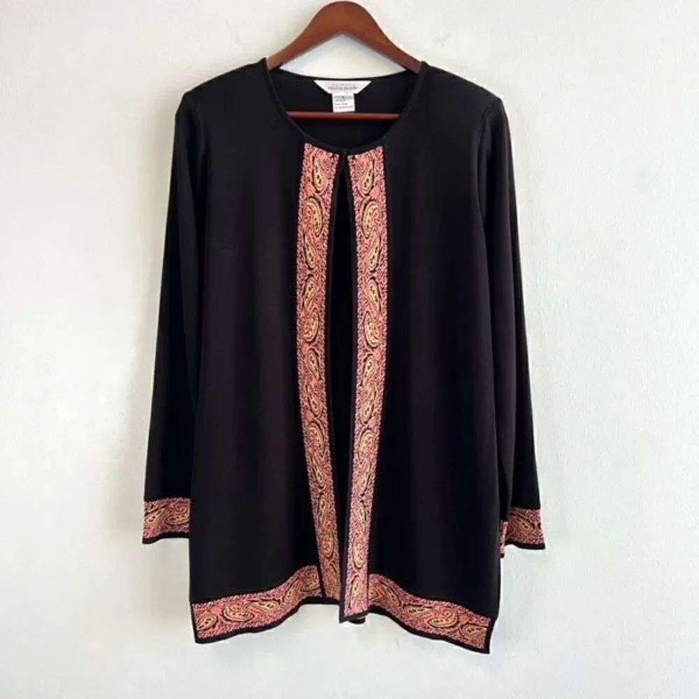 Exclusively Misook Black Pink Paisley Embellished Cardigan Acrylic Size Small